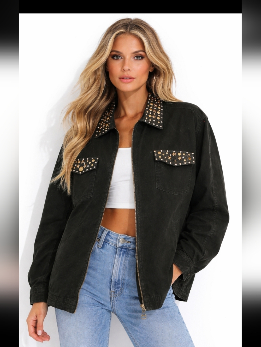 Mureli Coastal Stud-Trim Black Denim  Utility Jacket ( Size: S )